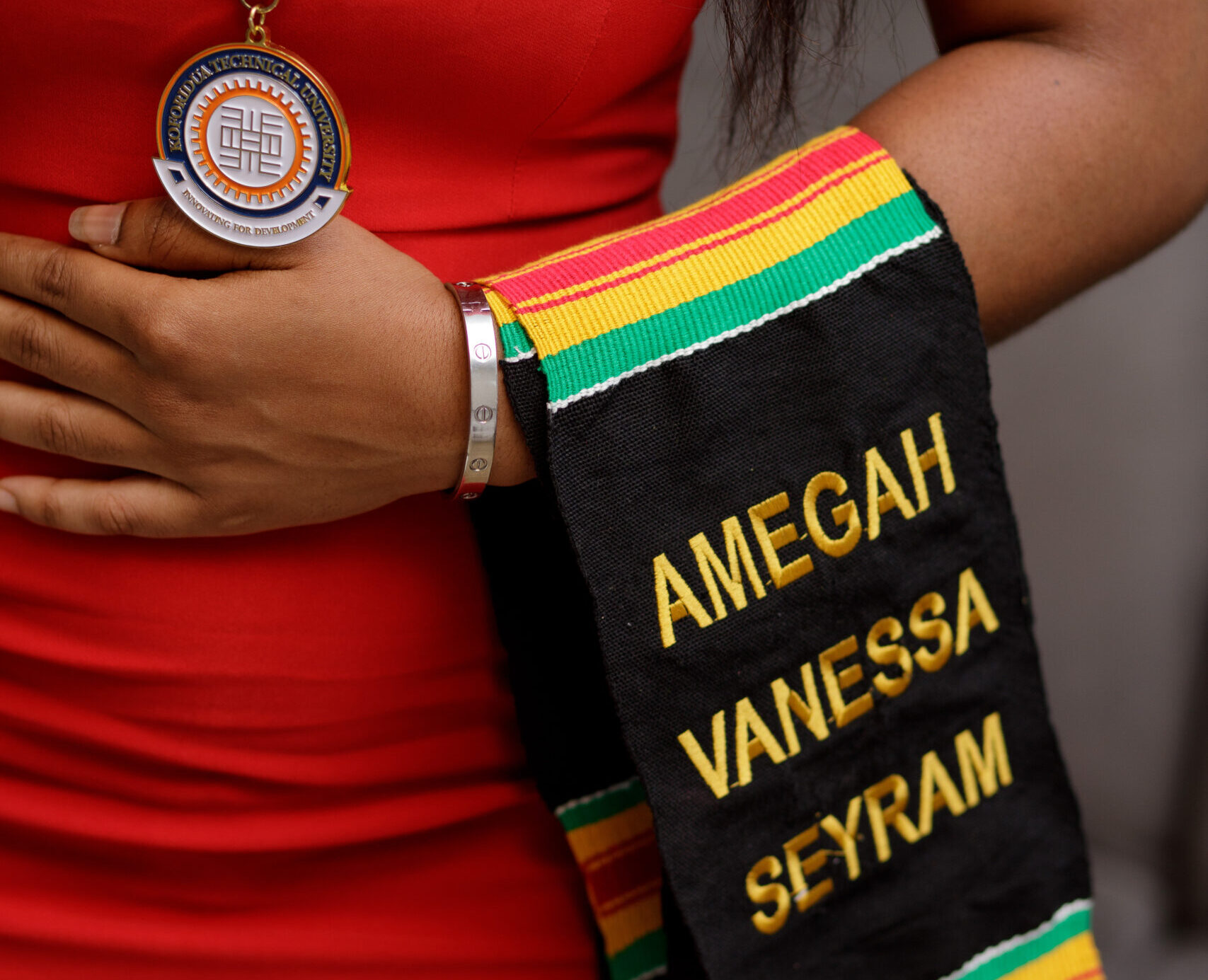 Personalized Kente graduation stole with embroidered name