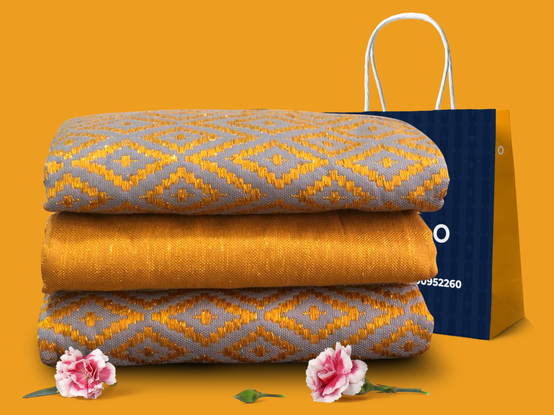Curated yellow and grey Kente fabric with Hinkro packaging