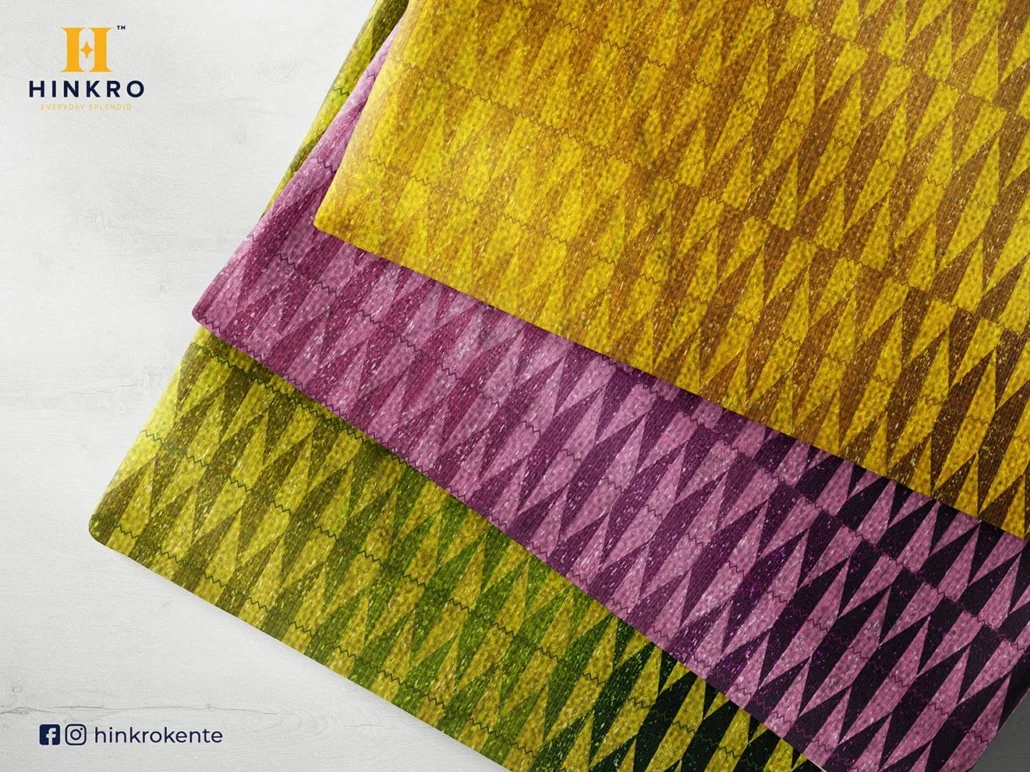 Yellow purple and green ombre Hinkro Kente fabric