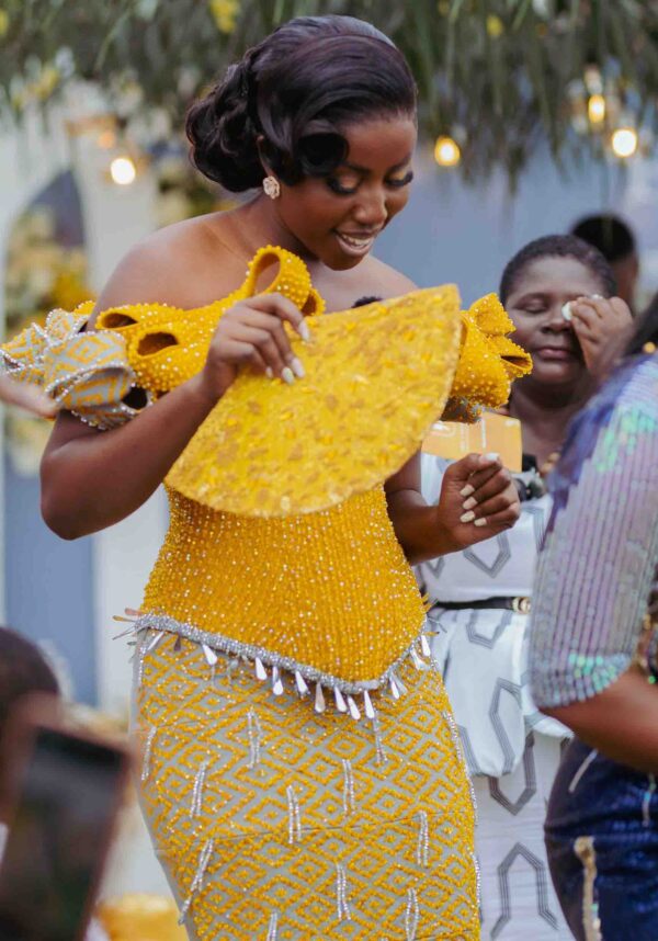 Yellow bridal Kente fashion inspiration by Hinkro Kente