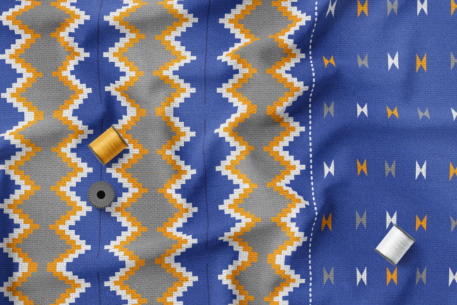 White, Gold, Blue and Ash with silver shimmering kente