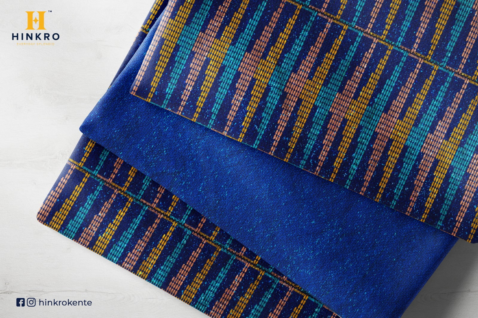 Royal Blue, Peach and Gold Kente Fabric with Shimmering plain