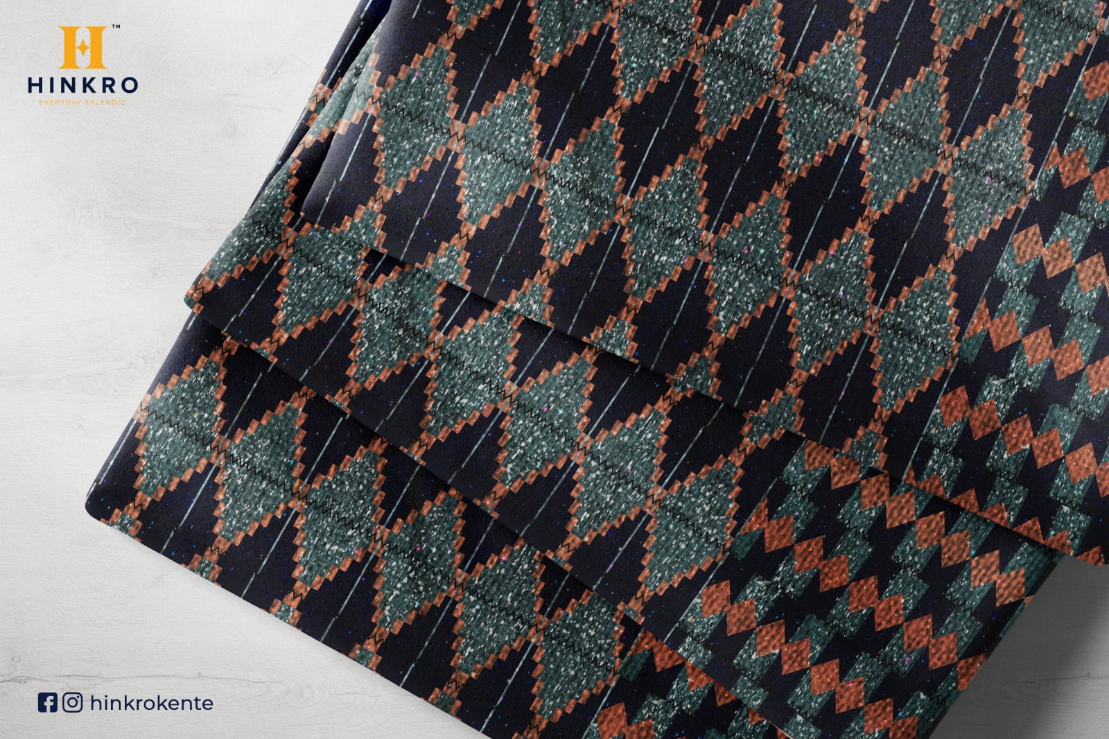 Silver, Blue & Black Kente Brocade with Interlocking Diamond Motif and Metallic Accents